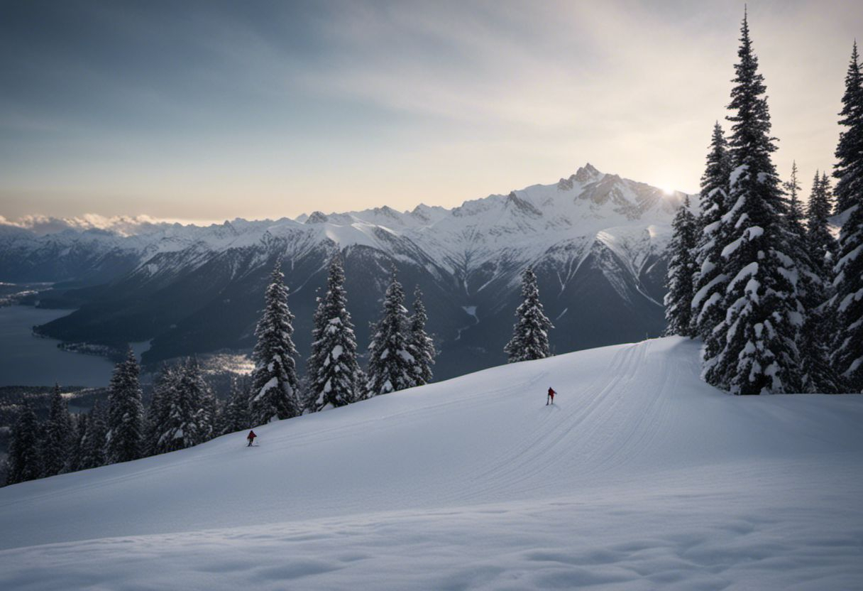 Panorama de montagne enneigée avec skieurs professionnels