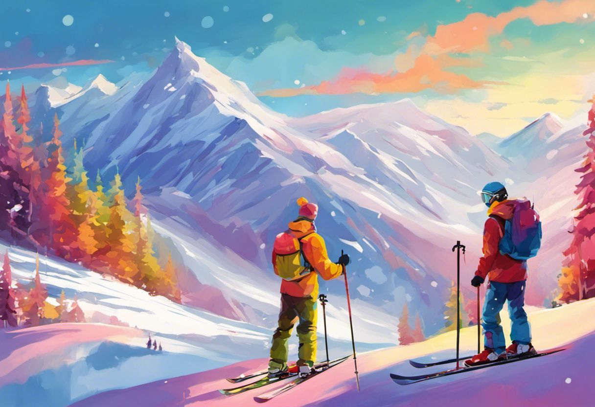 Illustration digitale colorée | Skieur cirant ses skis avec montagne et neige en toile de fond