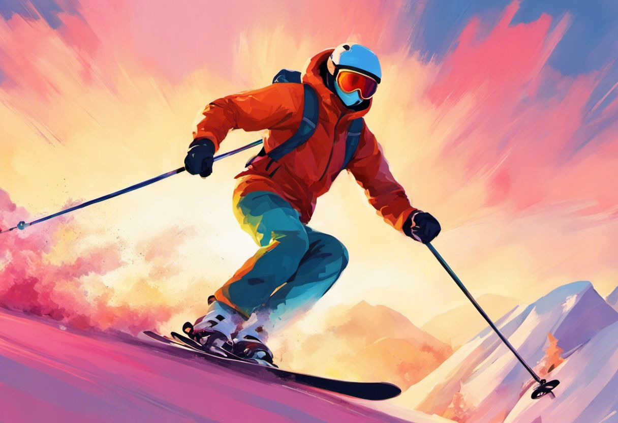 Peinture numérique fantaisiste d'une personne skiant avec des skis